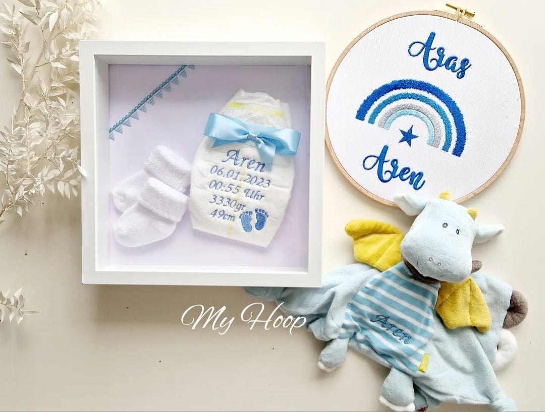 Geschenkset Newborn • Windelrahmen • Kuscheltuch • Stickbild