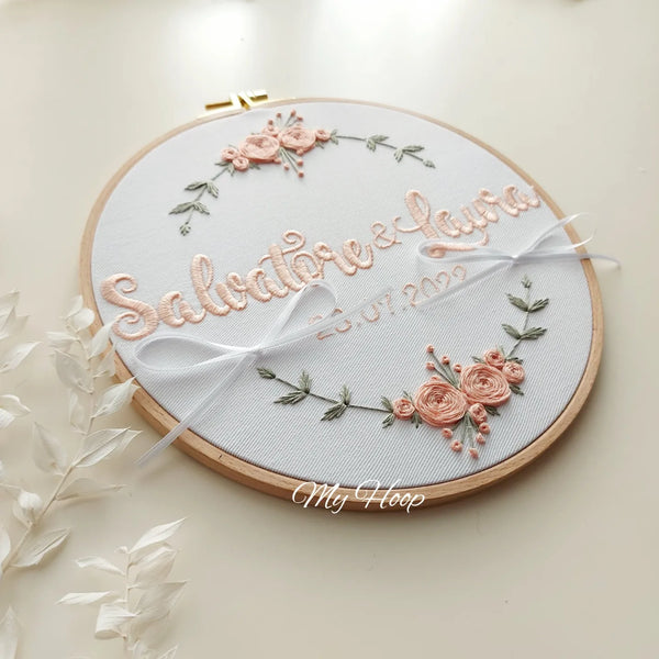 Stickbild - Ringkissen - Stickrahmen - Standesamt - Hochzeit in bohoo Stil Geschenkidee apricot 22cmø